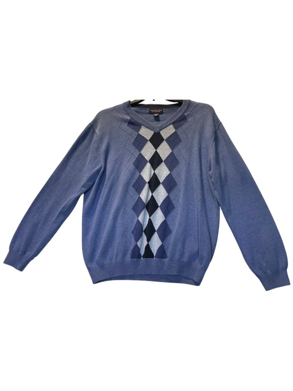 Roundtree & Yorke Mens Size Large V-Neck Pullover Blue Argyle Cotton Sweater